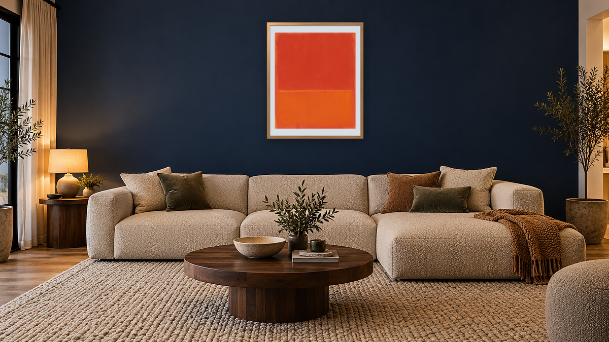 Untitled by Mark Rothko, shown at 32 × 40 in (81.3 × 101.6 cm) in Ramino Night Gold, media room