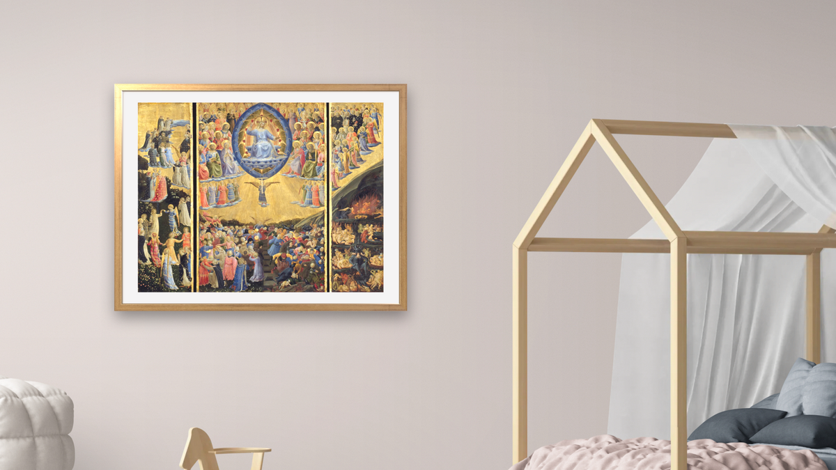 The Last Judgment by Fra Angelico, shown at 32 × 40 in (81.3 × 101.6 cm) in Ramino Night Gold, bedroom