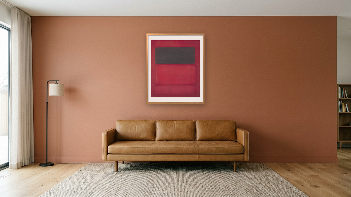 Black Over Reds (Black on Red) by Mark Rothko, shown at 32 × 40 in (81.3 × 101.6 cm) in Ramino Night Gold, media room