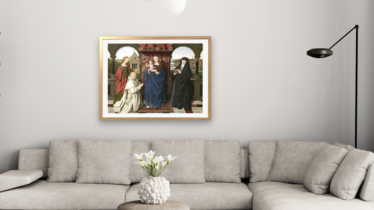 The Virgin and Child with Saints and Donor by Jan van Eyck, shown at 30 × 40 in (76.2 × 101.6 cm) in Ramino Night Gold, living