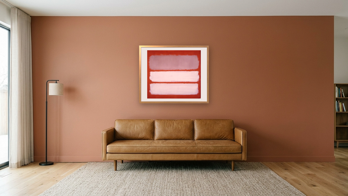 Untitled by Mark Rothko, shown at 32 × 40 in (81.3 × 101.6 cm) in Ramino Night Gold, media room