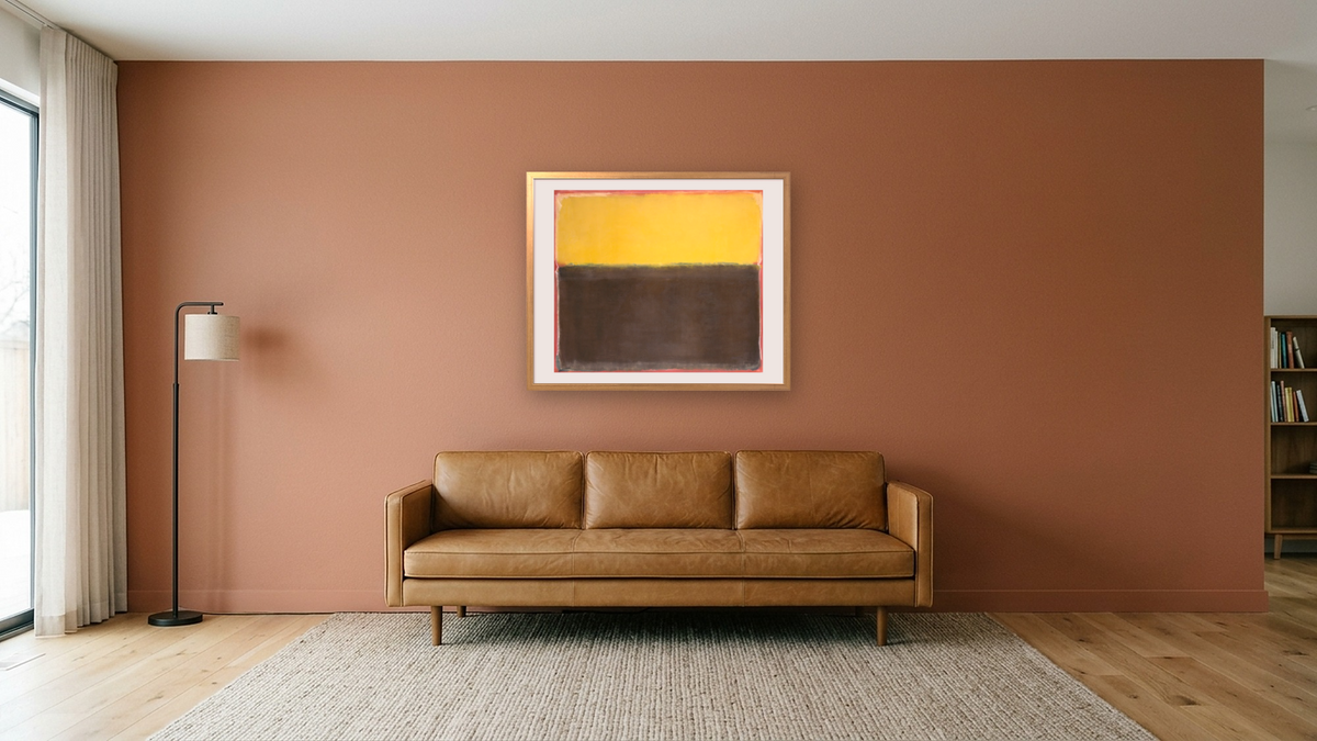 Untitled by Mark Rothko, shown at 32 × 40 in (81.3 × 101.6 cm) in Ramino Night Gold, media room