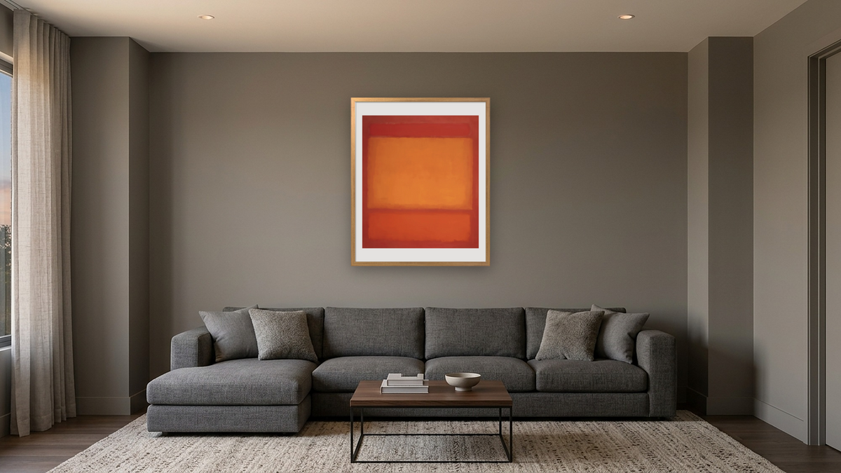 Red, Orange, Orange on Red by Mark Rothko, shown at 32 × 40 in (81.3 × 101.6 cm) in Ramino Night Gold, media room