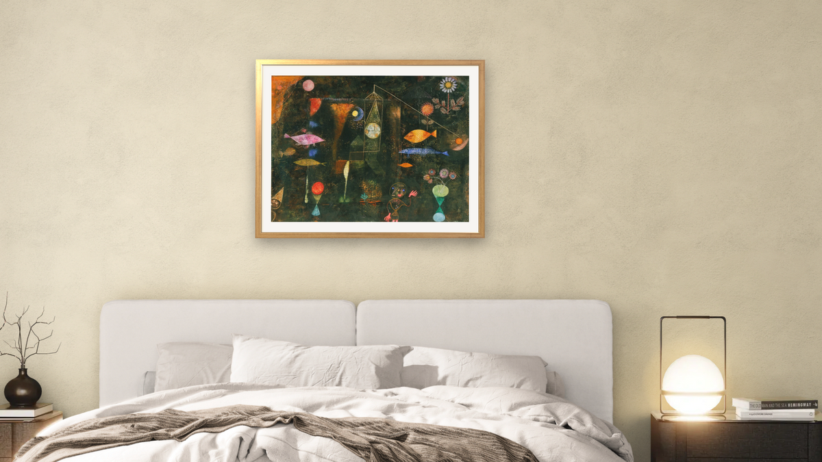 Fish Magic by Paul Klee, shown at 32 × 40 in (81.3 × 101.6 cm) in Ramino Night Gold, bedroom