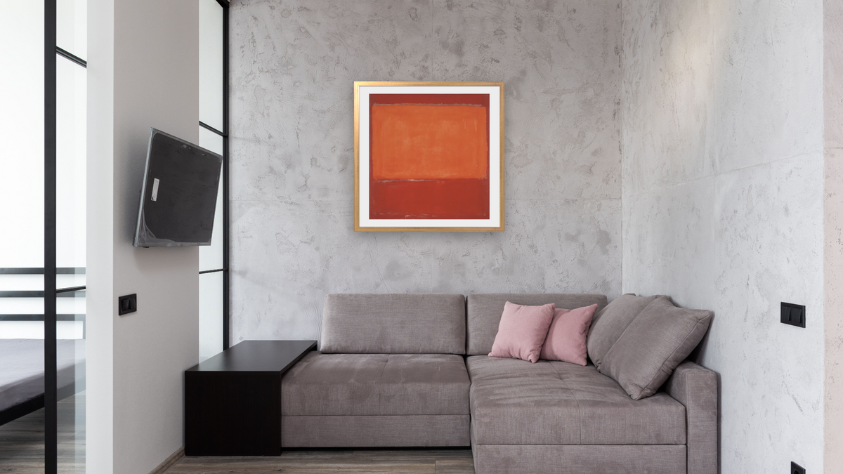 Orange and Red on Red by Mark Rothko, shown at 32 × 32 in (81.3 × 81.3 cm) in Ramino Night Gold, media room