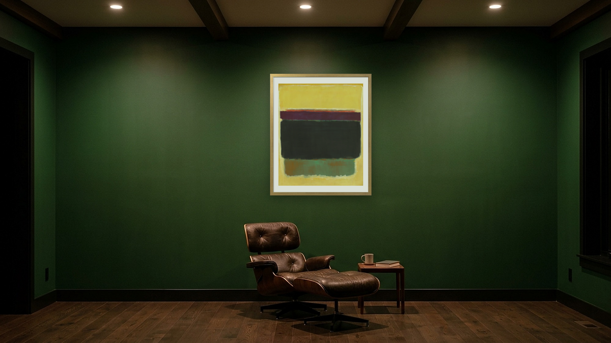 Untitled by Mark Rothko, shown at 32 × 40 in (81.3 × 101.6 cm) in Ramino Night Gold, den