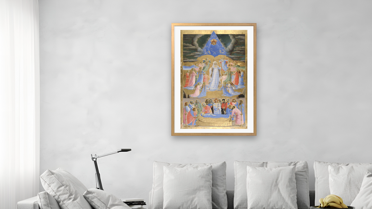 The Death and Assumption of the Virgin by Fra Angelico, shown at 28 × 42 in (71.1 × 106.7 cm) in Ramino Night Gold, living