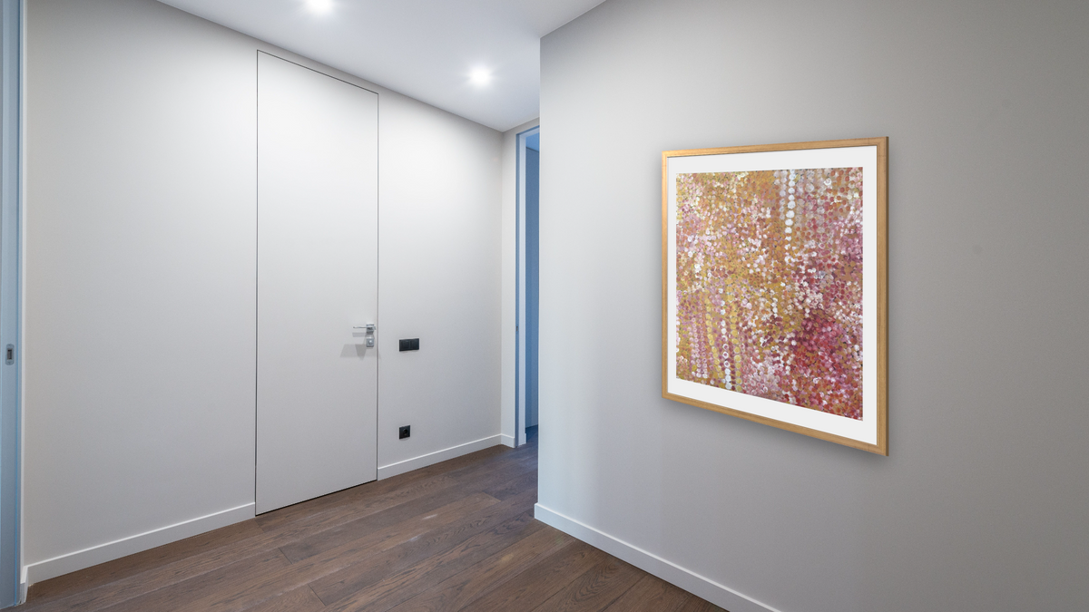 Bush Plum by Polly Ngale, shown at 32 × 40 in (81.3 × 101.6 cm) in Ramino Night Gold, hallway