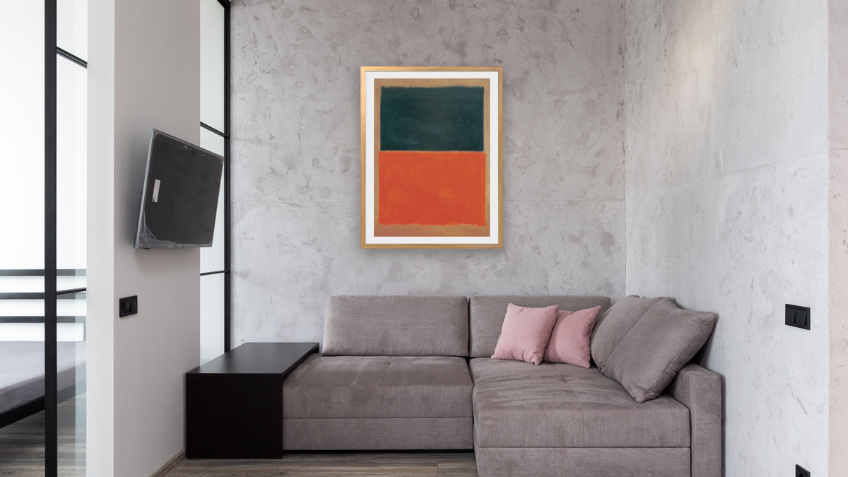 Green and Tangerine on Red by Mark Rothko, shown at 30 × 40 in (76.2 × 101.6 cm) in Ramino Night Gold, media room