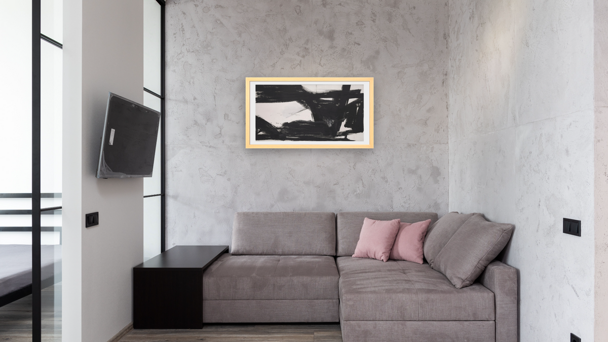 Harleman by Franz Kline, shown at 20 × 40 in (50.8 × 101.6 cm) in Arber American Maple, media room