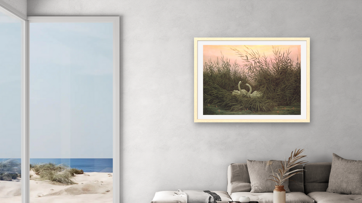 Swans in the Reeds by Caspar David Friedrich, shown at 30 × 40 in (76.2 × 101.6 cm) in Arber Natural, living