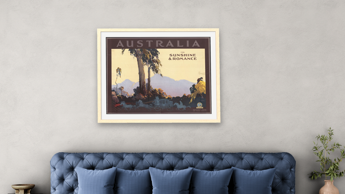 BPL Travel Posters - Landscape by R.Mac Holbert, shown at 32 × 40 in (81.3 × 101.6 cm) in Arber Natural, bedroom
