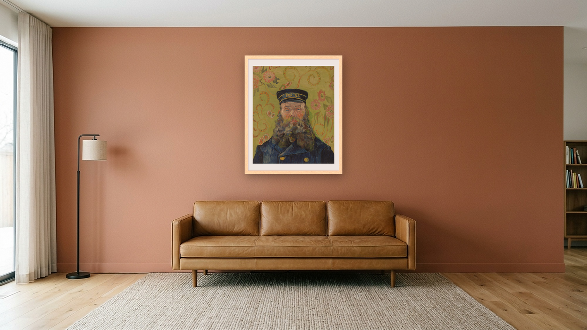 The Postman (Joseph-Étienne Roulin) by Vincent van Gogh, shown at 32 × 40 in (81.3 × 101.6 cm) in Arber Natural, media room