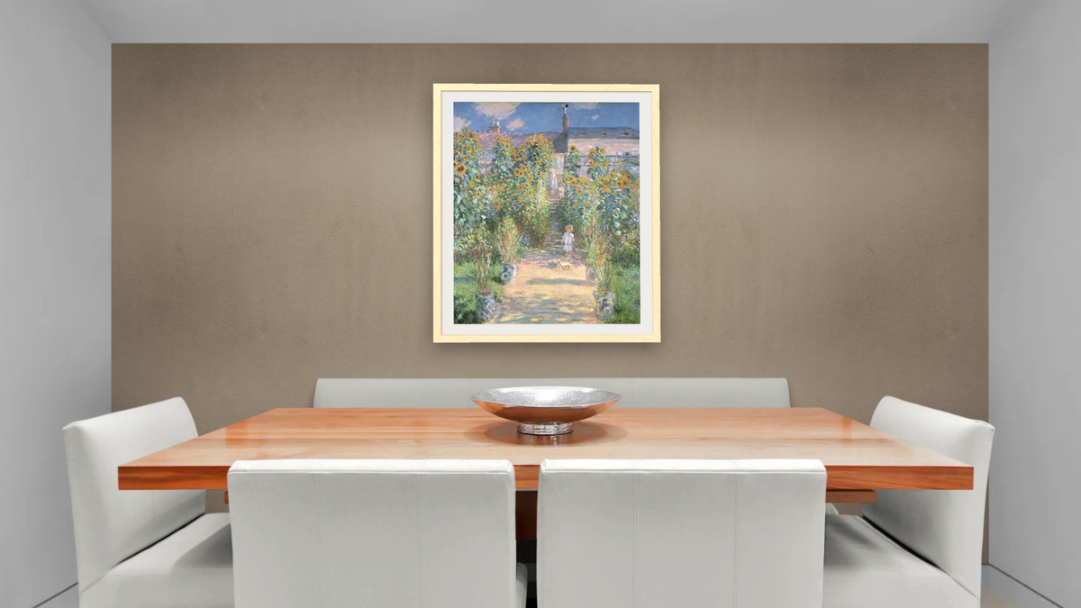 The Artist's Garden at Vetheuil by Claude Monet, shown at 32 × 40 in (81.3 × 101.6 cm) in Arber Natural, dining