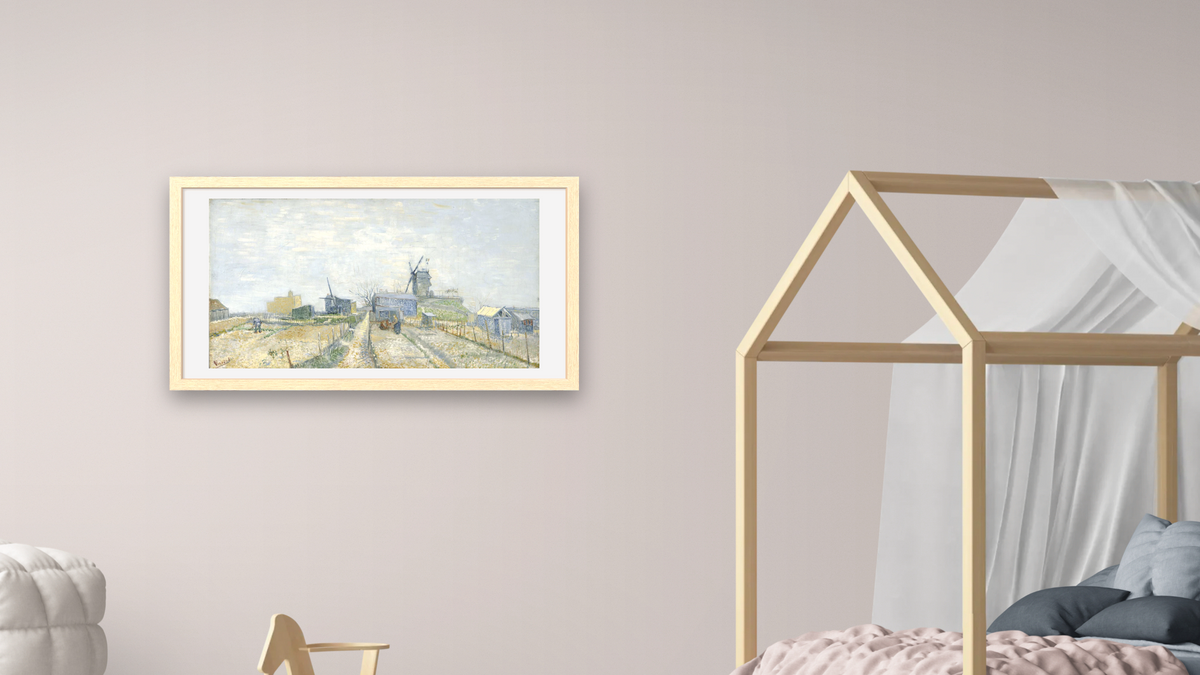 Montmartre: mills and vegetable gardens by Vincent van Gogh, shown at 20 × 40 in (50.8 × 101.6 cm) in Arber Natural, bedroom