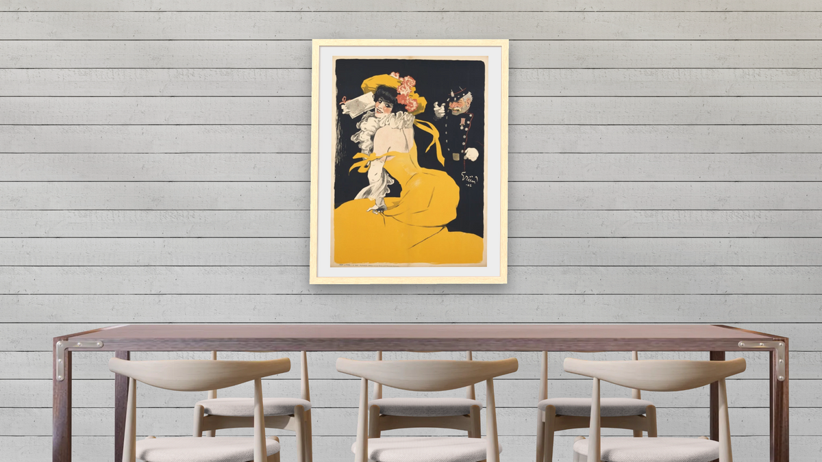 Poster of a Woman in a Yellow Dress by Jules Alexander Grun, shown at 30 × 40 in (76.2 × 101.6 cm) in Arber Natural, dining
