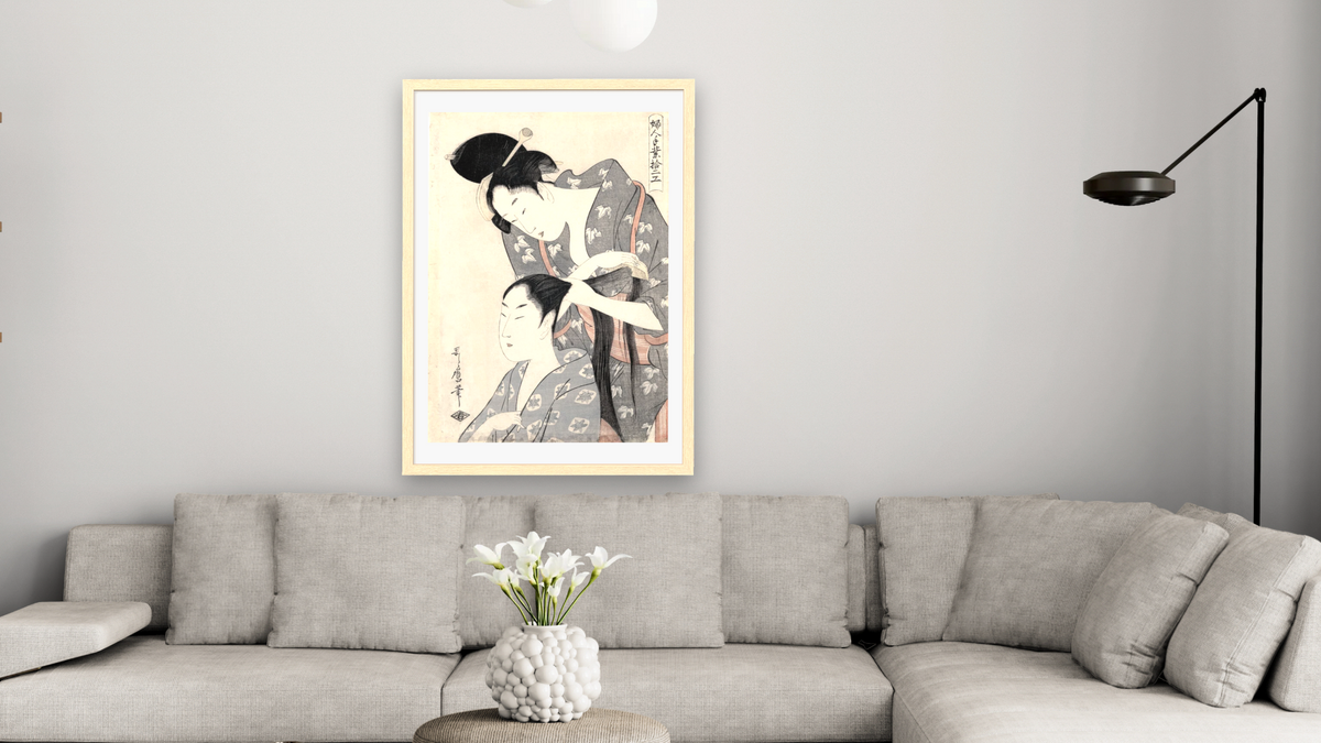 Hairdresser, illustration from the series 'Twelve types of women's handicraft', shown at 28 × 42 in (71.1 × 106.7 cm) in Arber Natural, living