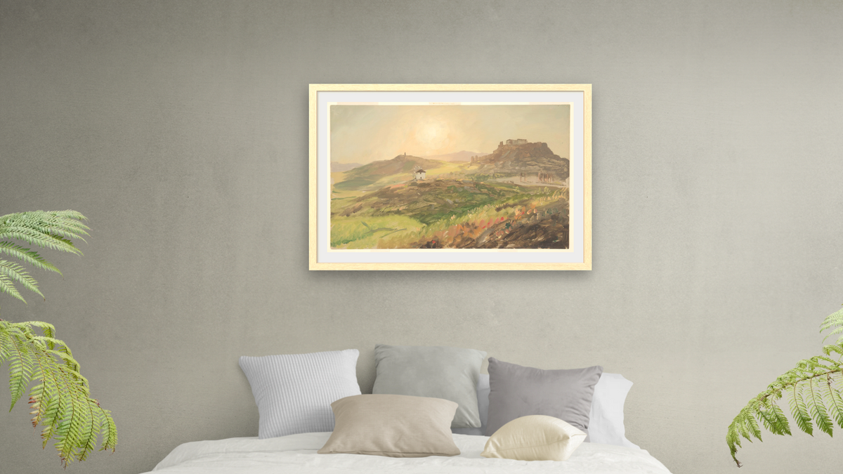 View of the Acropolis, Athens by Frederic Edwin Church, shown at 28 × 42 in (71.1 × 106.7 cm) in Arber Natural, bedroom