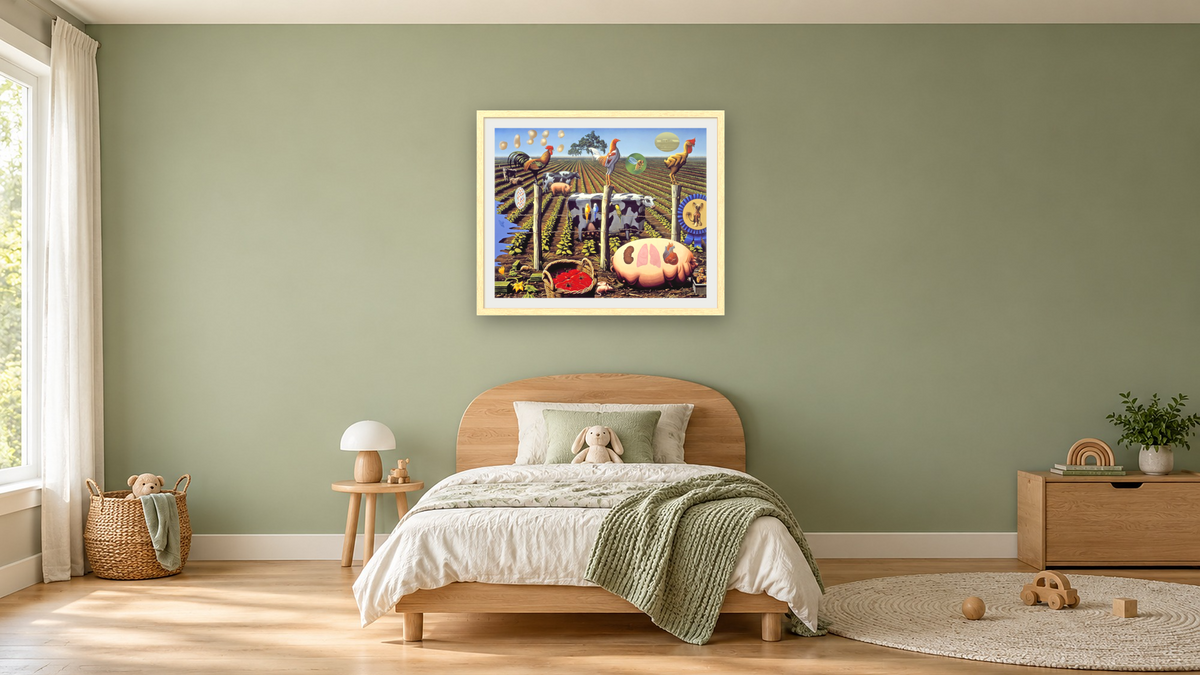 The Farm by Alexis Rockman, shown at 32 × 40 in (81.3 × 101.6 cm) in Arber Natural, kids' room