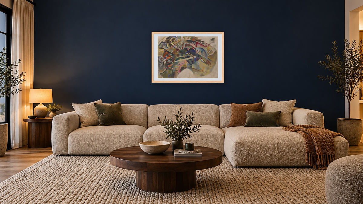 Painting with White Border Moscow, shown at 28 × 42 in (71.1 × 106.7 cm) in Arber Natural, media room