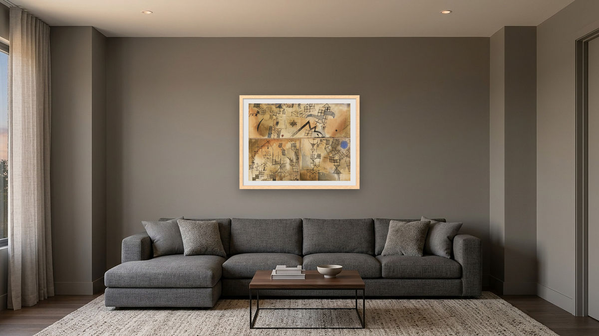 Three-Part Composition by Paul Klee, shown at 30 × 40 in (76.2 × 101.6 cm) in Arber Natural, media room