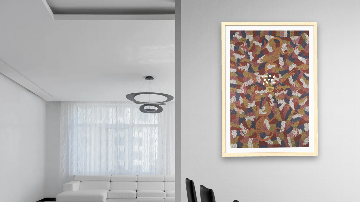 Goanna Dreaming by Clifford Possum Tjapaltjarri, shown at 28 × 42 in (71.1 × 106.7 cm) in Arber Natural, dining