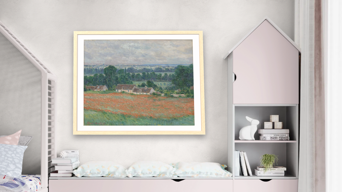 Field of Poppies, Giverny by Claude Monet, shown at 32 × 40 in (81.3 × 101.6 cm) in Arber Natural, bedroom