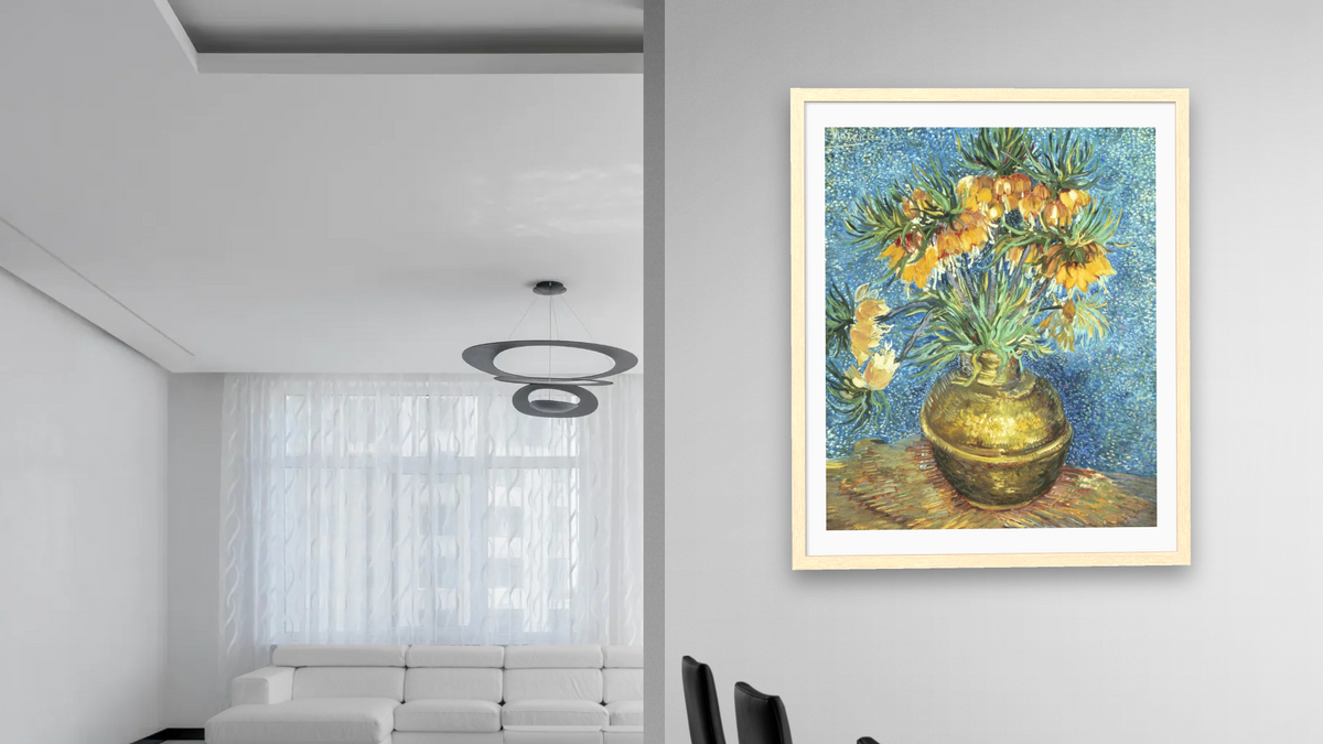 Crown Imperial Fritillaries in a Copper Vase by Vincent van Gogh, shown at 32 × 40 in (81.3 × 101.6 cm) in Arber Natural, dining