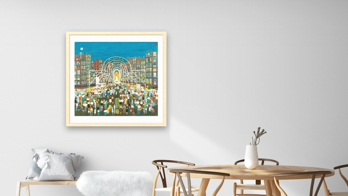 Festa by Ralph Fasanella, shown at 32 × 32 in (81.3 × 81.3 cm) in Arber Natural, dining