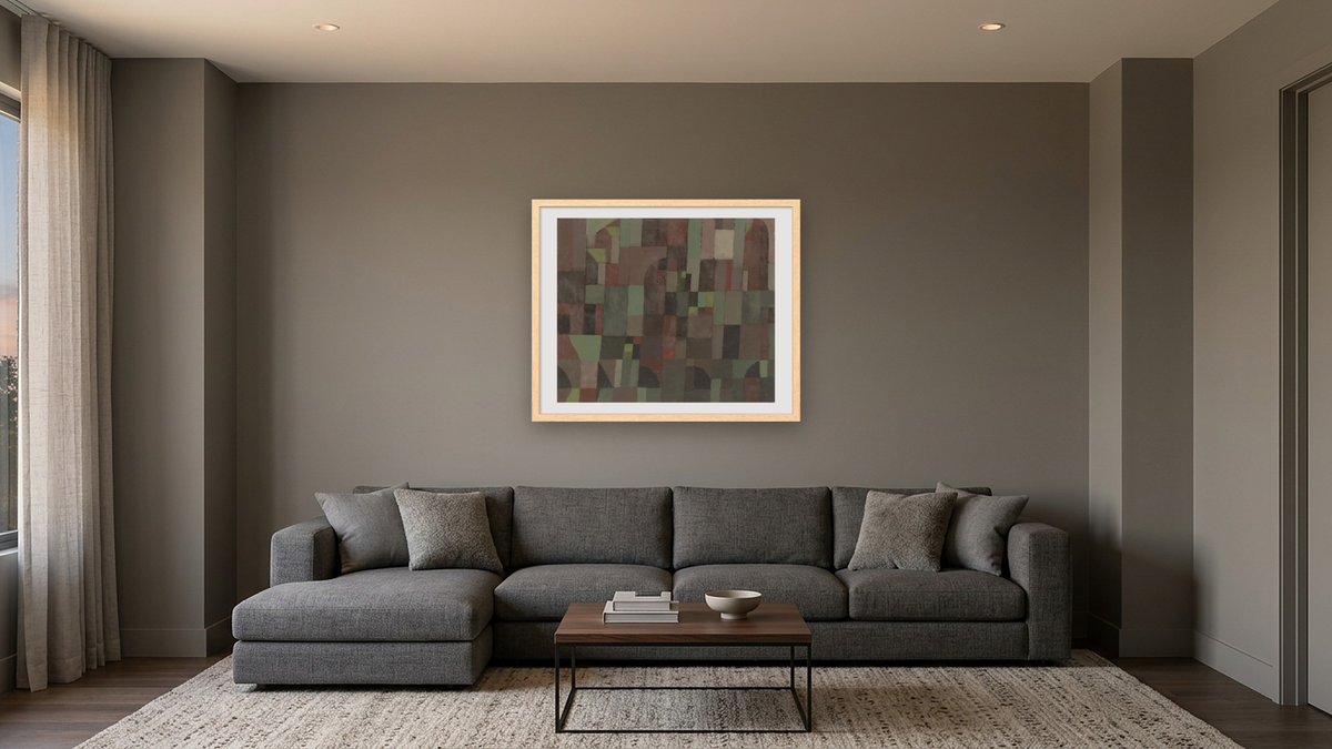 Red/Green Architecture (yellow/violet gradation) by Paul Klee, shown at 32 × 40 in (81.3 × 101.6 cm) in Arber Natural, media room