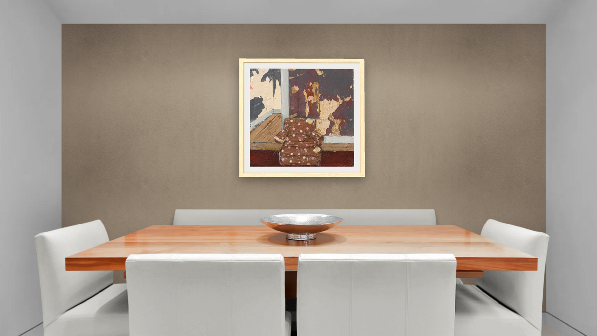 A Story to Tell by Dobee Snowber, shown at 32 × 32 in (81.3 × 81.3 cm) in Arber Natural, dining