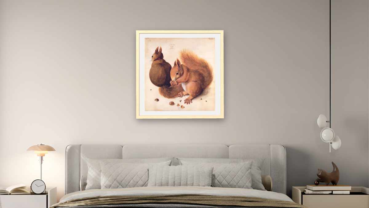 Squirrels by Albrecht Dürer, shown at 32 × 32 in (81.3 × 81.3 cm) in Arber Natural, bedroom
