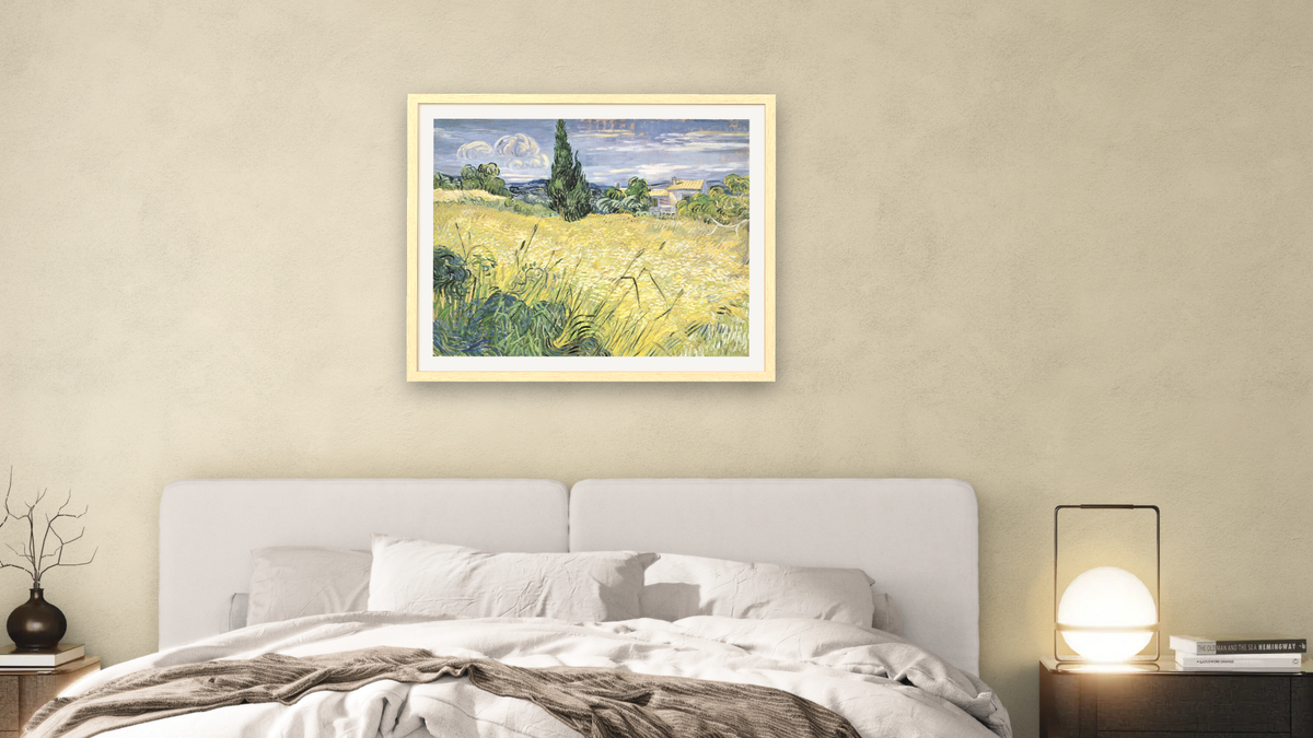 Landscape with Green Corn by Vincent van Gogh, shown at 32 × 40 in (81.3 × 101.6 cm) in Arber Natural, bedroom