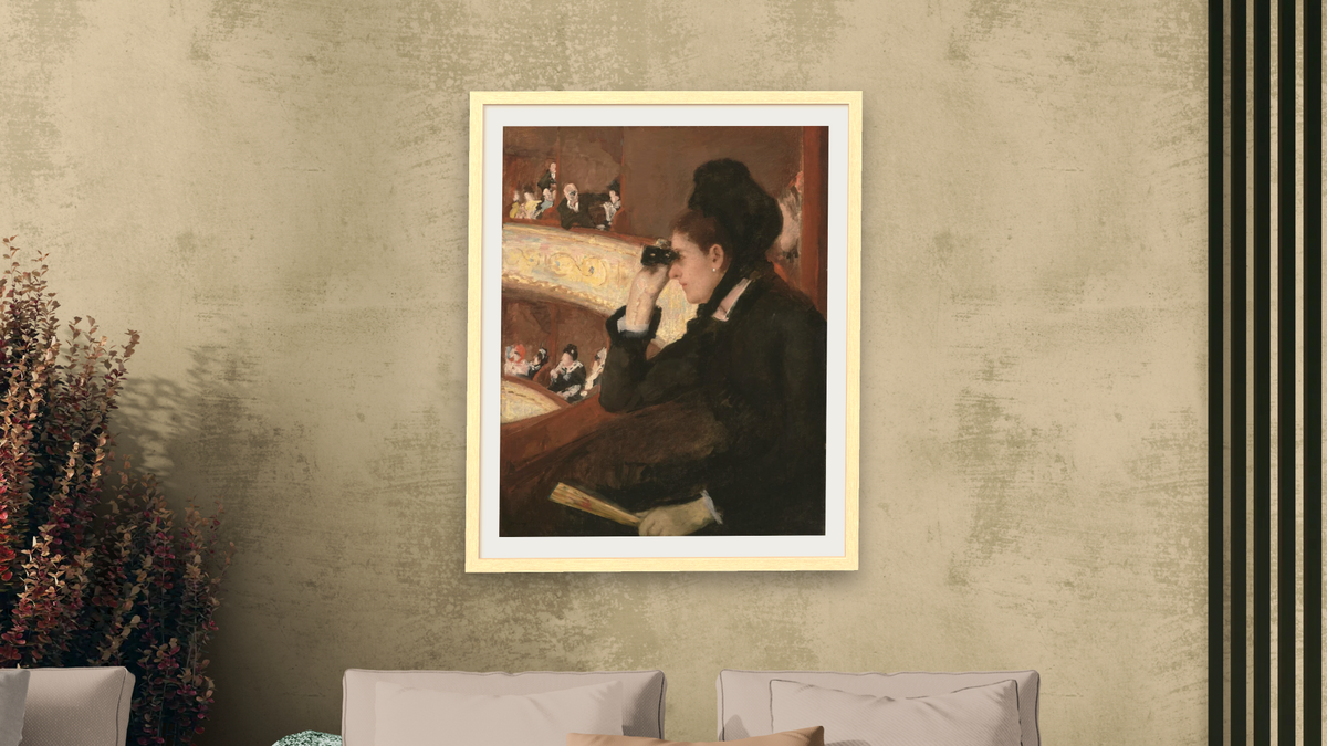 In the Loge by Mary Cassatt, shown at 32 × 40 in (81.3 × 101.6 cm) in Arber Natural, living