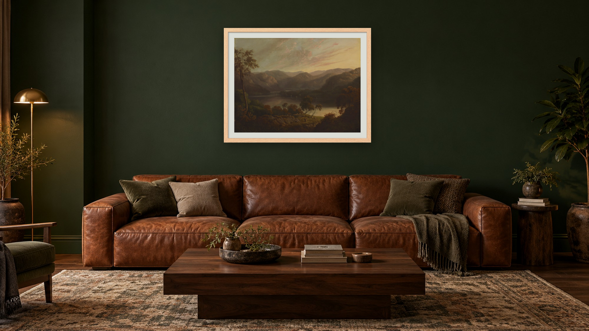 Landscape view in Cumberland by John Glover, shown at 30 × 40 in (76.2 × 101.6 cm) in Arber Natural, den