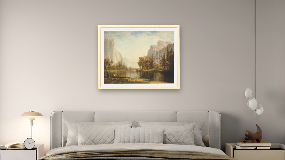 Yosemite Valley by Albert Bierstadt, shown at 30 × 40 in (76.2 × 101.6 cm) in Arber Natural, bedroom