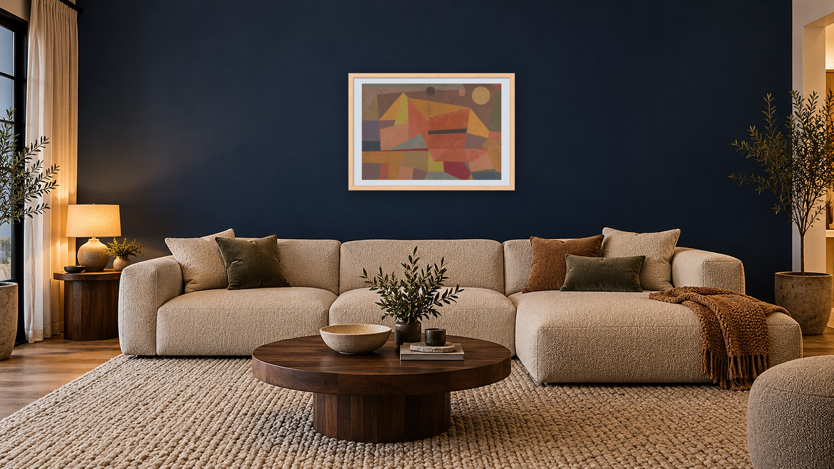 Heitere Gebirgslandschaft (Joyful Mountain Landscape) by Paul Klee, shown at 28 × 42 in (71.1 × 106.7 cm) in Arber Natural, media room