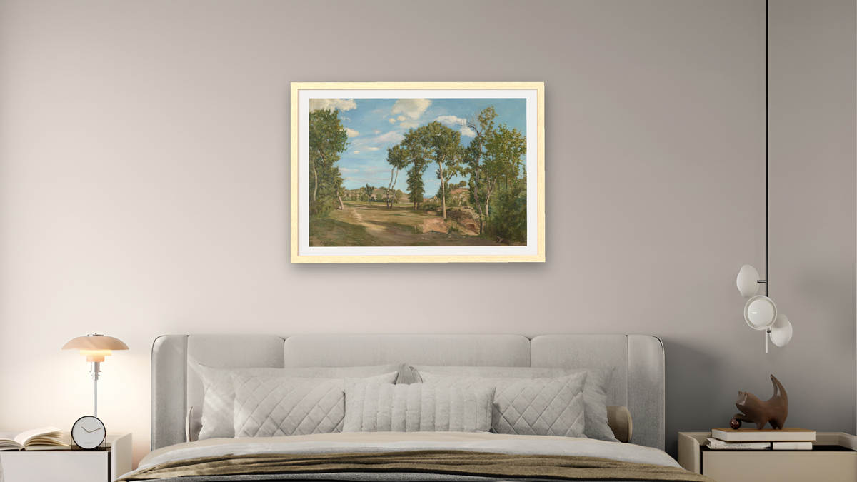 Landscape by the River Lez by Frederic Bazille, shown at 28 × 42 in (71.1 × 106.7 cm) in Arber Natural, bedroom