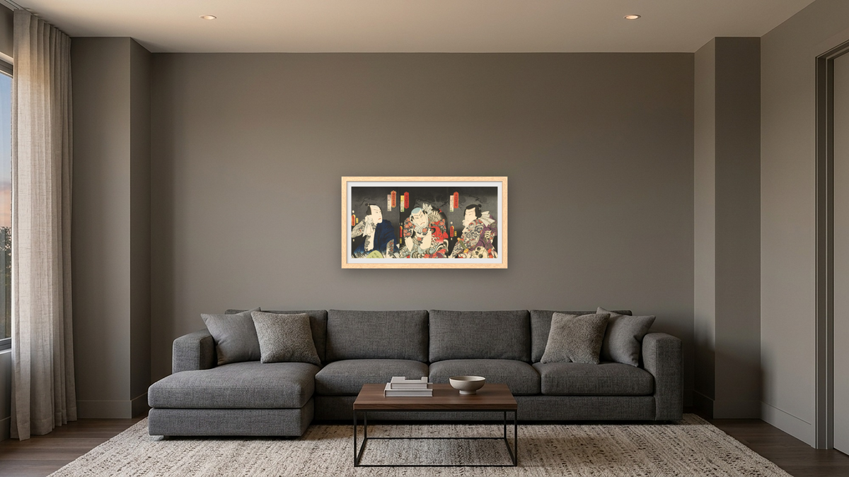 Three Actors in their Roles, from the series Stories of the Heroes of the Suikoden (Tosei Suikoden) by Utagawa Kunisada, shown at 20 × 40 in (50.8 × 101.6 cm) in Arber Natural, media room