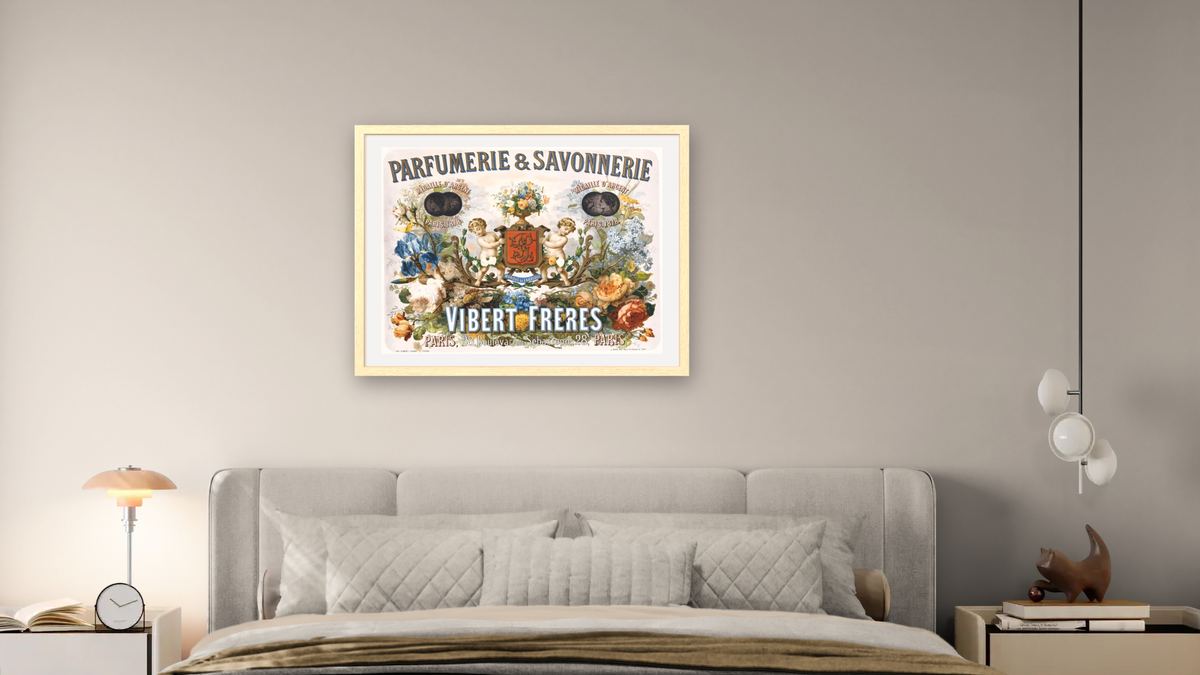 Parfumerie & Savonnerie - Vibert Freres Poster, shown at 30 × 40 in (76.2 × 101.6 cm) in Arber Natural, bedroom