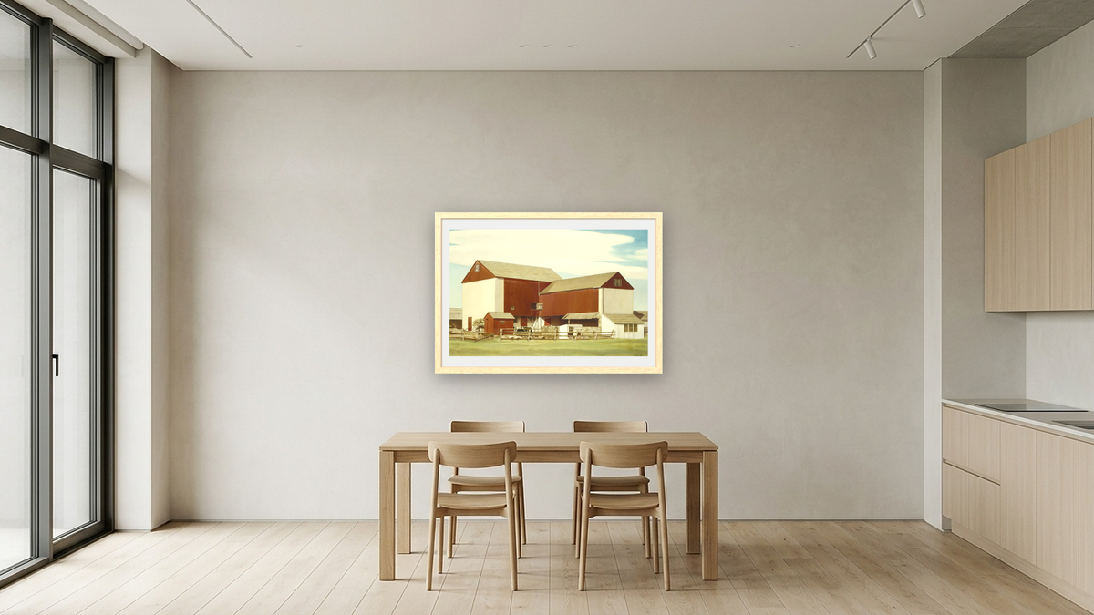 Bucks County Barn by Charles Sheeler, shown at 28 × 42 in (71.1 × 106.7 cm) in Arber Natural, kitchen