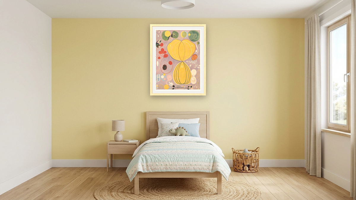 Group IV, The Ten Largest, No. 7, Adulthood by Hilma af Klint, shown at 30 × 40 in (76.2 × 101.6 cm) in Arber Natural, kids' room