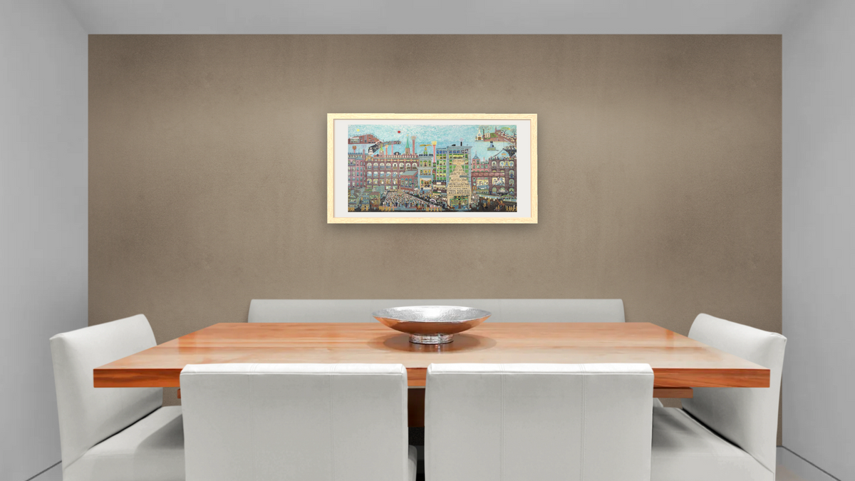 Great Strike (IWW Textile Strike) by Ralph Fasanella, shown at 20 × 40 in (50.8 × 101.6 cm) in Arber Natural, dining