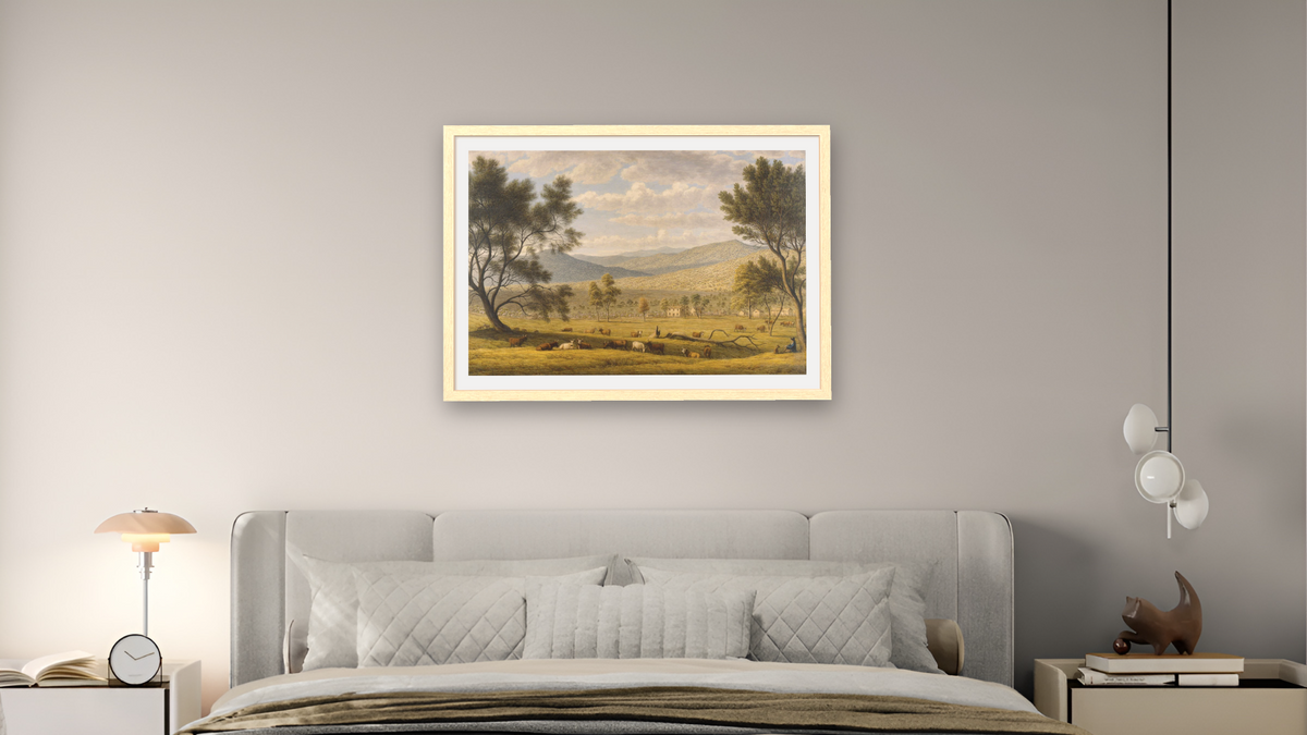 Patterdale farm by John Glover, shown at 28 × 42 in (71.1 × 106.7 cm) in Arber Natural, bedroom