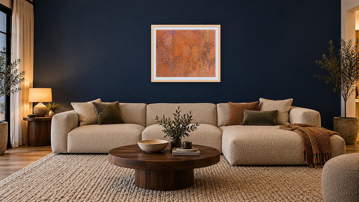 Autumn Leaves Fluttering in the Breeze by Alma Thomas, shown at 32 × 40 in (81.3 × 101.6 cm) in Arber Natural, media room