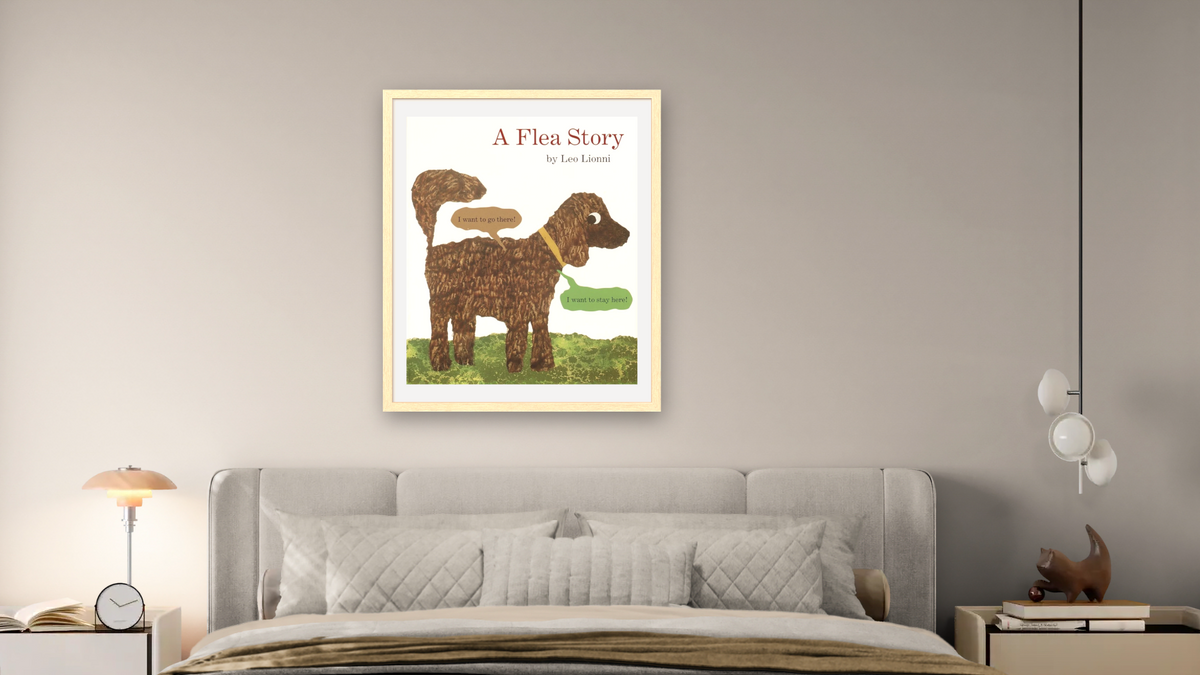 A Flea Story (cover) by Leo Lionni, shown at 32 × 40 in (81.3 × 101.6 cm) in Arber Natural, bedroom