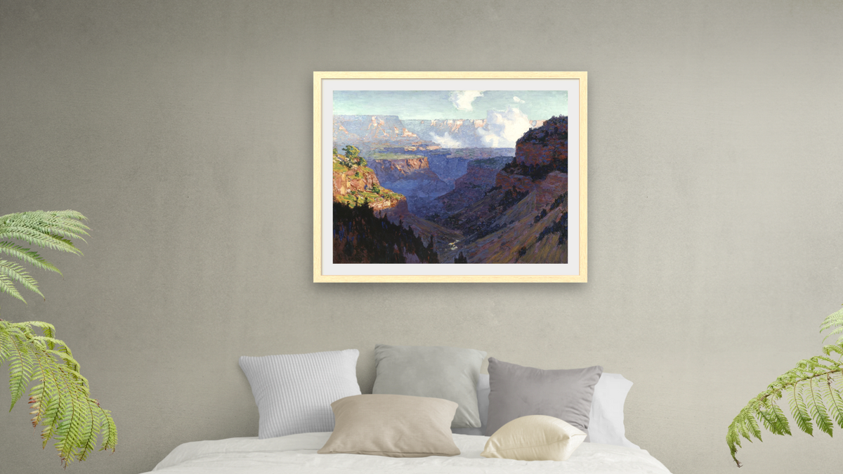 Looking across the Grand Canyon by Edward Henry Potthast I, shown at 32 × 40 in (81.3 × 101.6 cm) in Arber Natural, bedroom