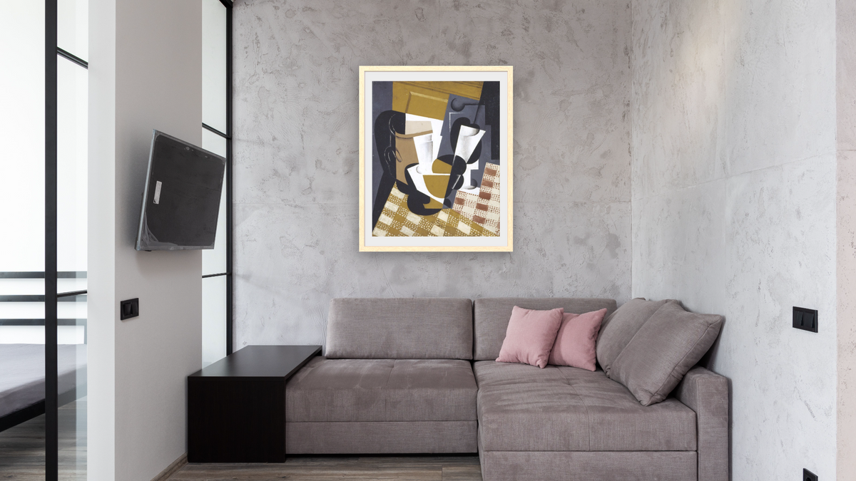 Broc et Verre (Wine Jug and Glass) by Juan Gris, shown at 32 × 40 in (81.3 × 101.6 cm) in Arber Natural, media room