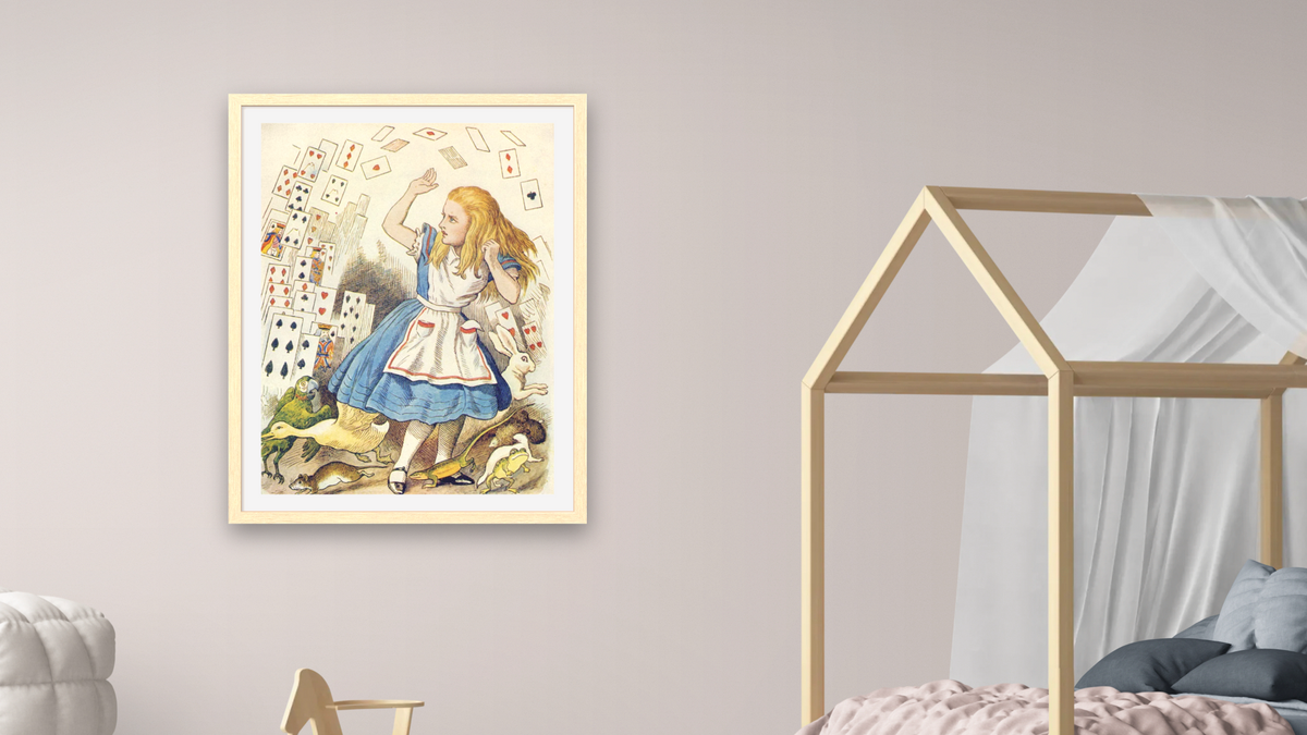 The Shower of Cards, illustration from 'Alice in Wonderland' by Lewis Carroll by John Tenniel, shown at 30 × 40 in (76.2 × 101.6 cm) in Arber Natural, bedroom