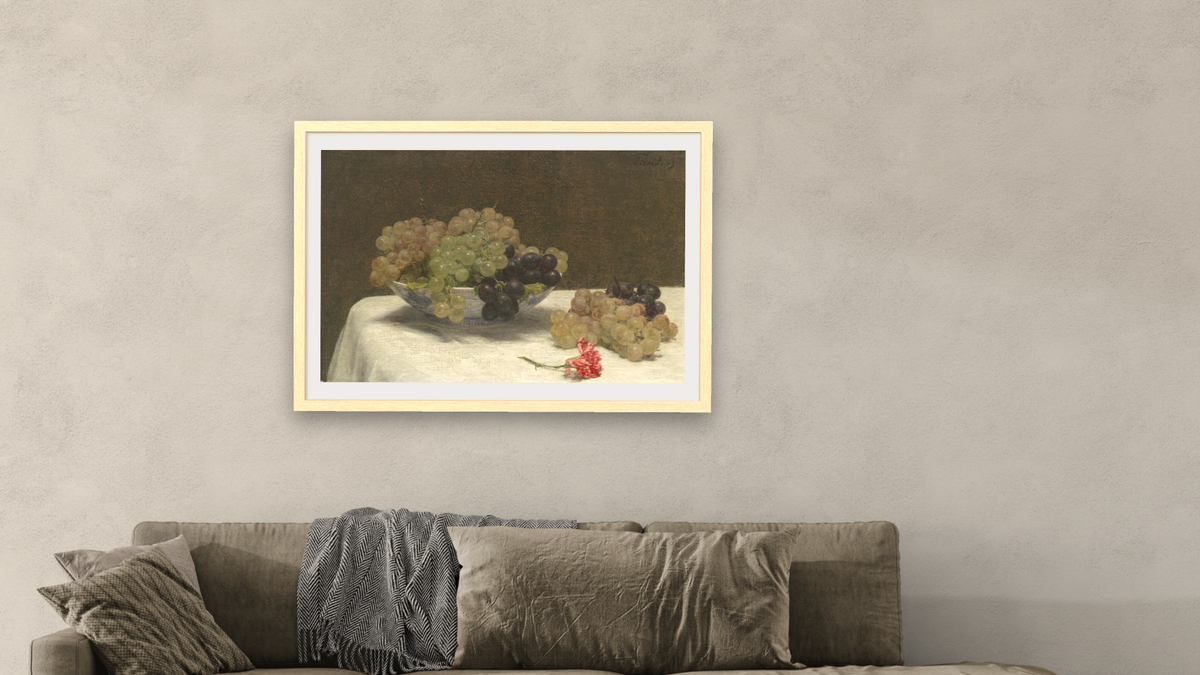 Still Life with Grapes and a Carnation by Henri Fantin-Latour, shown at 28 × 42 in (71.1 × 106.7 cm) in Arber Natural, living